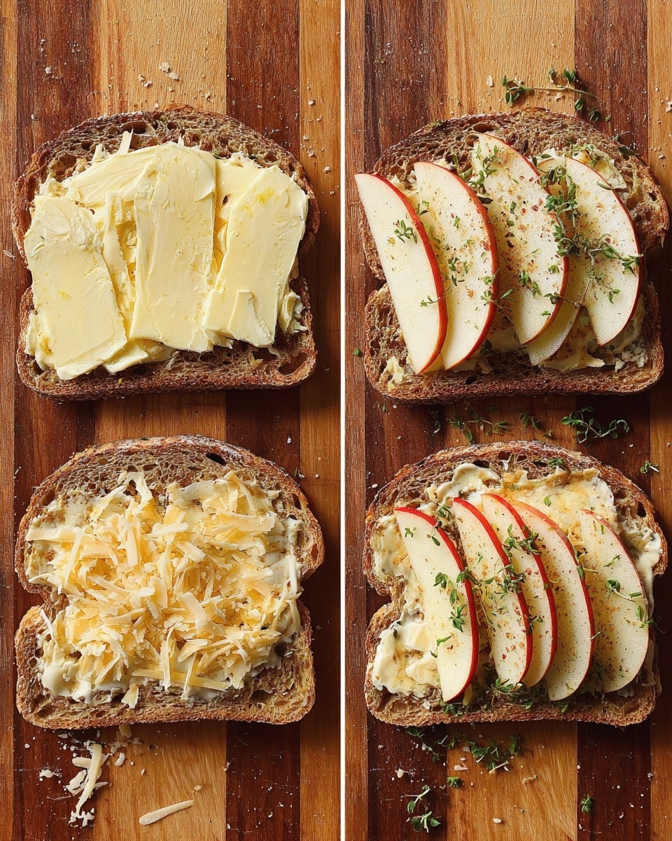 The image shows two pairs of toasted slices of whole grain brown bread on a wooden surface. Each pair has one plain buttered slice, and the other slice has toppings. In the left pair, the buttered slice is topped with thin slices of pale yellow cheese and some shredded cheese underneath. In the right pair, the buttered slice is topped with thin, overlapping slices of white apple with red skin edges, sprinkled with small green herb leaves. The wooden surface is warm-toned with vertical darker stripes, and some scattered bits of shredded cheese are visible around the bread slices. photo taken with an iphone --ar 4:5 --v 7
