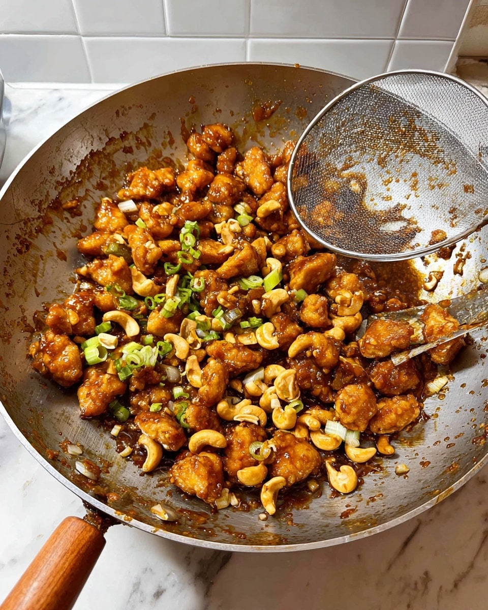 A large metal pan with a wooden handle holds a dish of small, golden brown fried pieces mixed with light orange cashew nuts and bits of green onions scattered throughout. The pieces are coated in a glossy, thick brown sauce that sticks to the food and the pan sides, showing bits of sauce splattered around. A round metal skimmer rests on the food's right side. The scene is set on a white marbled surface with a section of white tiled wall behind the pan. photo taken with an iphone --ar 4:5 --v 7