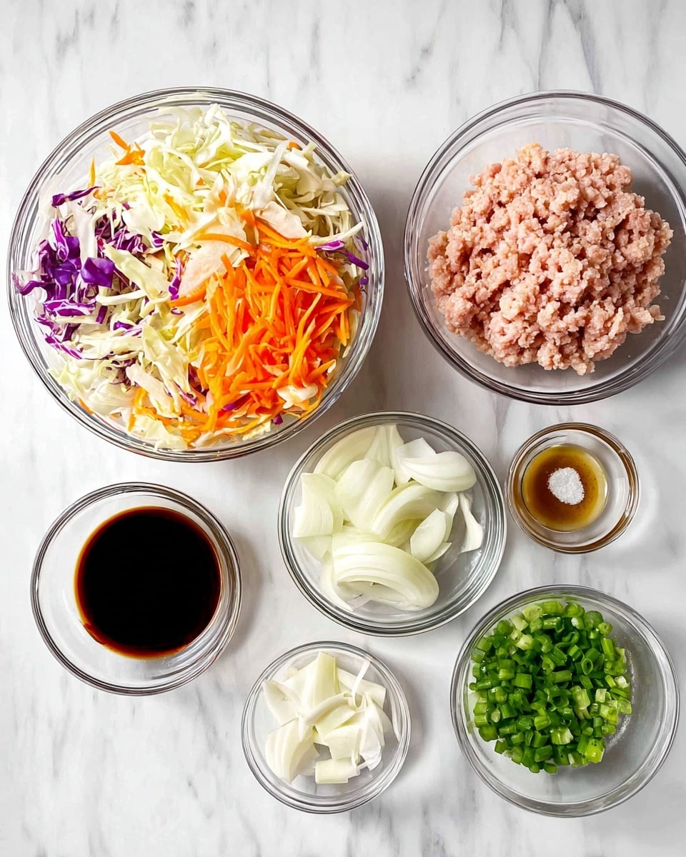 The image shows several clear glass bowls arranged on a white marbled surface. One large bowl contains a colorful mix of shredded white cabbage, orange carrot strips, and some purple cabbage pieces, showing a crunchy texture. Next to it is a bowl filled with light pink ground meat that looks soft and finely minced. Another bowl holds sliced white onions in crescent shapes, while a smaller bowl is filled with bright green chopped spring onions. There is also a small bowl of minced garlic, a tiny bowl of light brown liquid vinegar, a small bowl of white salt, and a larger bowl of dark brown soy sauce. The bowls' contents feature a variety of textures and fresh colors, all ready for mixing or cooking photo taken with an iphone --ar 4:5 --v 7