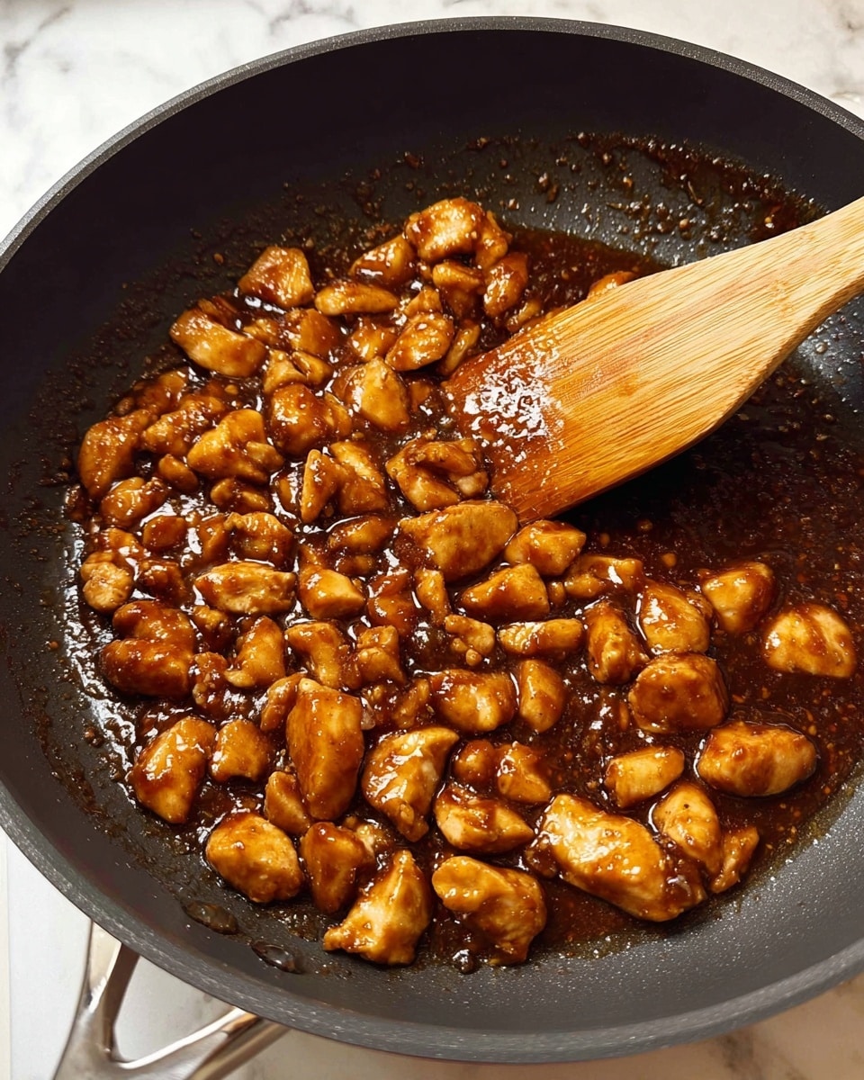 A close-up view of small, golden-brown chicken pieces cooking in a dark non-stick pan, covered in a thick, shiny dark brown sauce, with a wooden spatula resting on the right side stirring the mixture, all on a white marbled texture surface in the background photo taken with an iphone --ar 4:5 --v 7