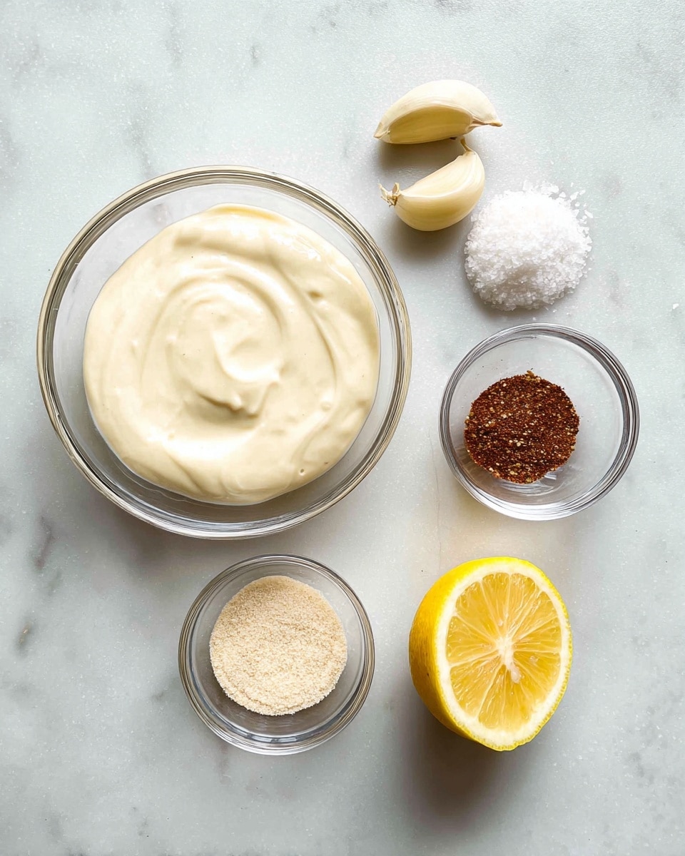 A white marbled surface holds six items arranged neatly: in the bottom left, a clear glass bowl is filled with a thick, creamy white sauce. Above the bowl, three garlic cloves with a light beige skin are placed in a slight arc. To the top right of the bowl, a small clear glass bowl holds coarse white salt. Below this, another small glass bowl contains light beige granulated powder. To the right of this bowl, a similar one holds dark brown finely ground spice. On the far right, a lemon half sits with its bright yellow flesh showing clearly. photo taken with an iphone --ar 4:5 --v 7