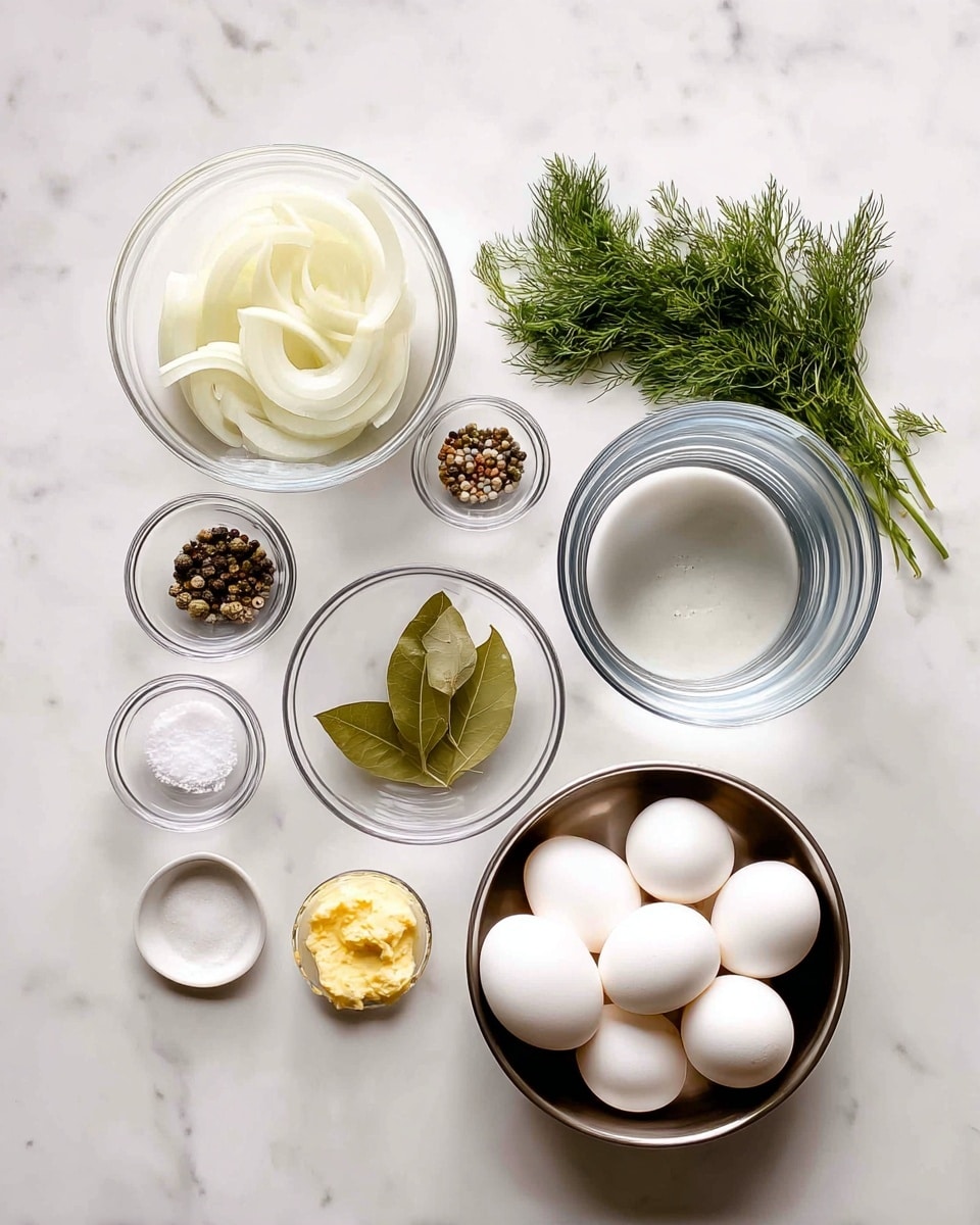 The image shows a white marbled surface with several clear glass bowls and a small white dish arranged neatly. In the bottom right, there is a round metal bowl filled with several white eggs. To the left of it, a clear bowl contains thin slices of onions in pale yellow and white. Above that, a smaller dish holds two light green bay leaves. Next to it, there are three tiny glass bowls, one with coarse salt, one with black peppercorns, and one with yellow mustard seeds. Near the top left corner, a tiny bowl contains a small portion of yellow paste. In the center, there is a large clear glass bowl with water, and above it, a small bunch of fresh green dill lies on the surface. The whole arrangement is clean and minimal. photo taken with an iphone --ar 4:5 --v 7