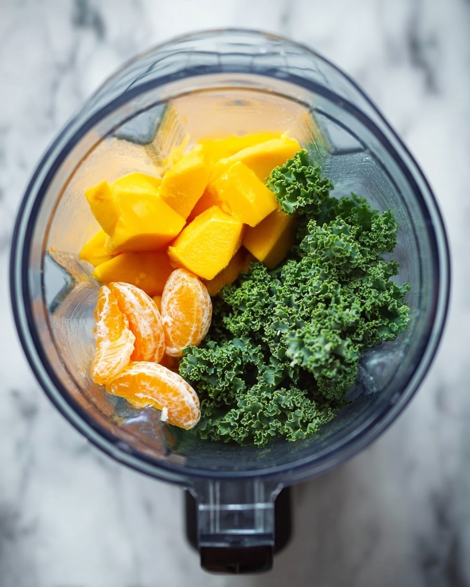 The image shows a blender from above, filled with three main layers of ingredients. On the right side, there is a large bunch of fresh, bright green curly kale with a textured, leafy surface. To the left of the kale, there are bright orange pieces of frozen mango chunks that have a slightly frosty texture. Above the mango chunks, there are a few light orange, peeled mandarin segments with a smooth, shiny surface, sitting on top of the other fruits. The blender is placed on a white marbled surface. photo taken with an iphone --ar 4:5 --v 7