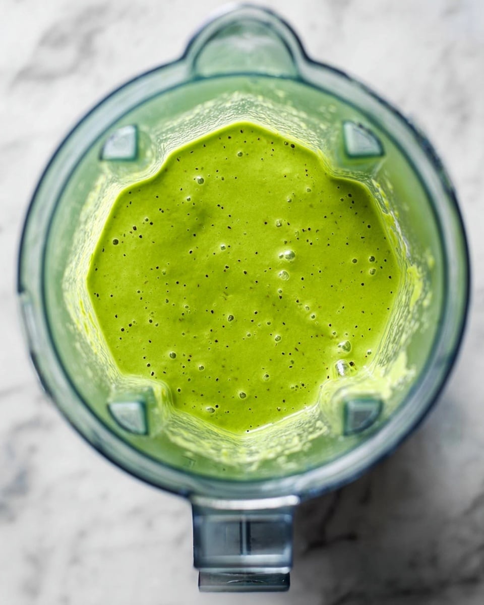 The image shows a top view of a blender filled with a bright green, smooth sauce or dressing. The sauce has a thick texture with small bubbles and tiny black specks spread evenly across its surface. The blender jar is clear with visible edges and four protruding corners inside. The background is a white marbled texture. Photo taken with an iphone --ar 4:5 --v 7