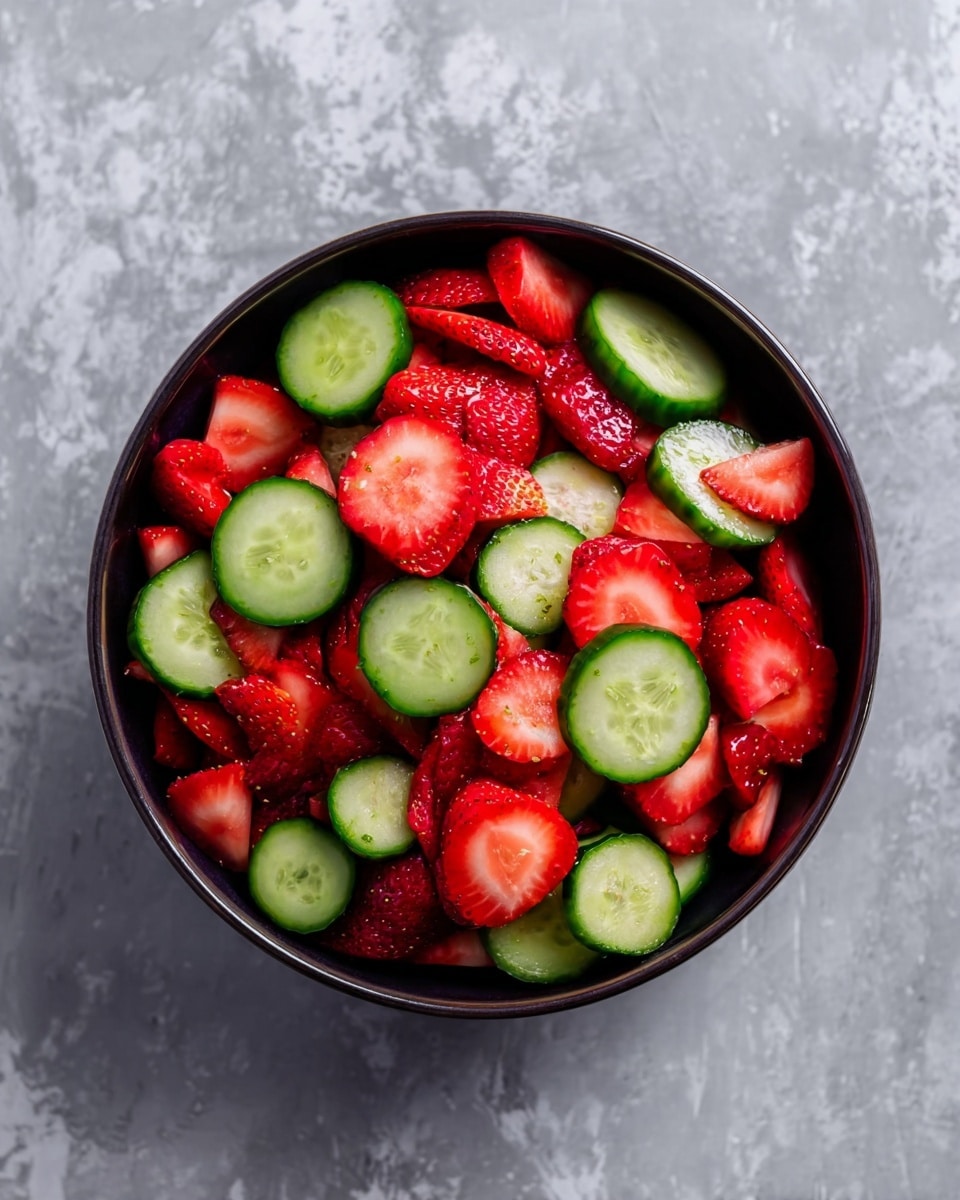 The image shows a dark bowl filled with a colorful mix of sliced strawberries and cucumbers. The strawberries are bright red and cut into halves or quarters, showing their juicy and smooth inside. The cucumber slices are thin, round, and light green with a darker green skin around the edges, layered evenly throughout the strawberries. The bowl sits on a white marbled surface, creating a clean and fresh look. The colors contrast well, making the fruit and vegetable pieces look fresh and crisp photo taken with an iphone --ar 4:5 --v 7