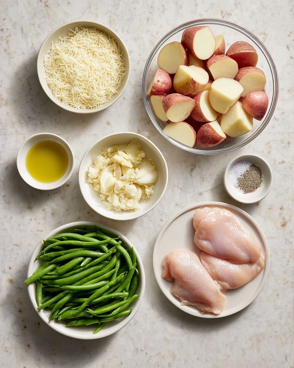 The image shows seven white bowls and plates arranged on a white marbled surface, each holding different fresh ingredients. Starting from the bottom right, there is a white plate with three raw light-pink chicken pieces. Above that to the right is a small white bowl with salt and pepper. Next to it is a white bowl filled with off-white grated cheese. Above in the center is a large clear glass bowl full of chopped red-skinned potatoes with creamy white insides. To the left of the potatoes is a small white bowl with finely minced garlic. Below it is another white bowl filled with green beans, fresh and whole. At the bottom left corner is a small white bowl with light yellow liquid, likely oil. The whole setup has a clean and fresh look with varied textures and colors of ingredients. photo taken with an iphone --ar 4:5 --v 7
