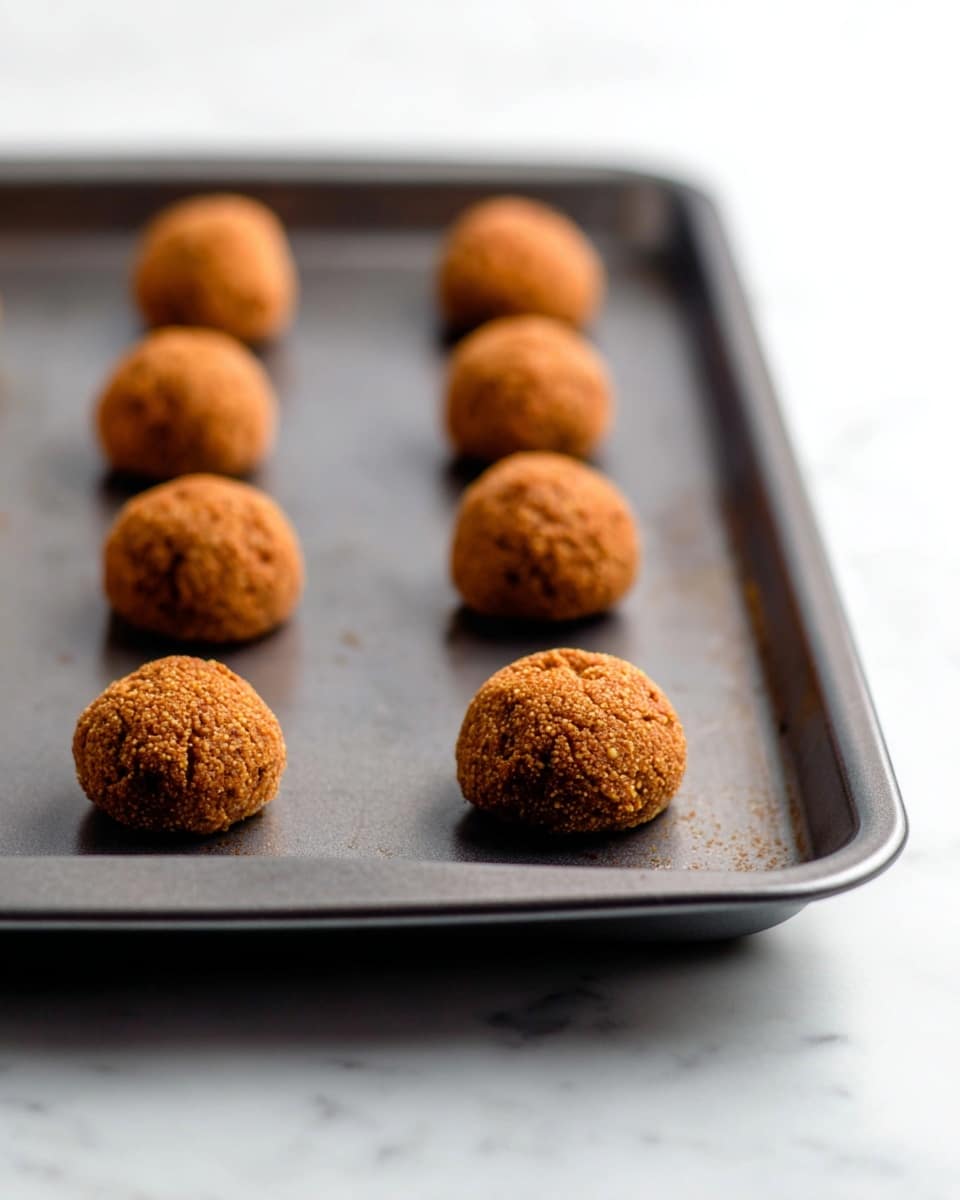 The image shows a dark gray baking tray on a white marbled surface with nine small round dough balls evenly spaced on it. The dough balls are golden brown with a rough texture, each about the size of a golf ball. They are arranged in three rows, with three dough balls in each row on the tray. The tray's surface has a slightly worn look, giving a sense of use. The background is softly blurred white, focusing the attention on the dough balls on the tray. photo taken with an iphone --ar 4:5 --v 7