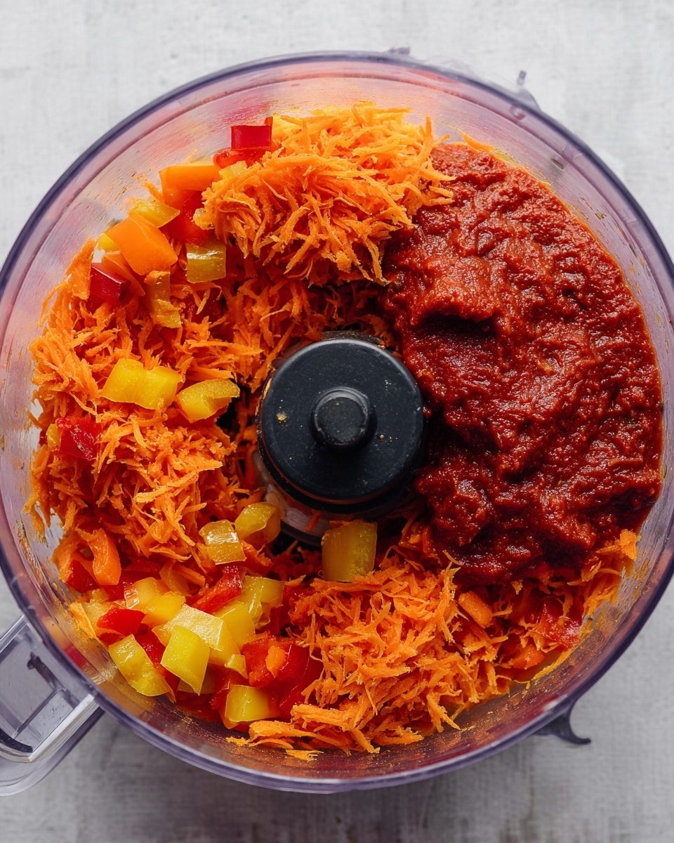 A clear food processor bowl filled with shredded orange carrots mixed with small chunks of red and yellow bell peppers, creating a colorful and textured base layer. On one side, there is a thick, deep red sauce sitting on top of the shredded mix, thick and smooth in texture, ready to be blended in. The black center piece of the food processor contrasts with the vivid colors of the ingredients. The bowl is placed on a white marbled surface. photo taken with an iphone --ar 4:5 --v 7