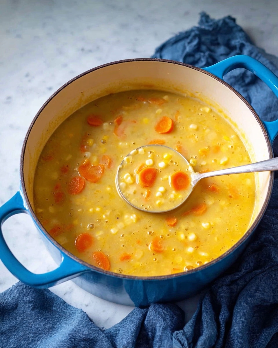 A white pot with blue handles is filled with a thick yellow soup containing evenly sliced orange carrot rounds and small white corn kernels scattered throughout. A metal spoon stands inside the pot, lifting a portion of the creamy soup with visible carrot slices and corn. The pot sits on a white marbled surface next to a dark blue cloth folded softly beside it. The soup has a smooth, creamy texture with small bubbles on the surface, showing a warm and hearty dish. photo taken with an iphone --ar 4:5 --v 7