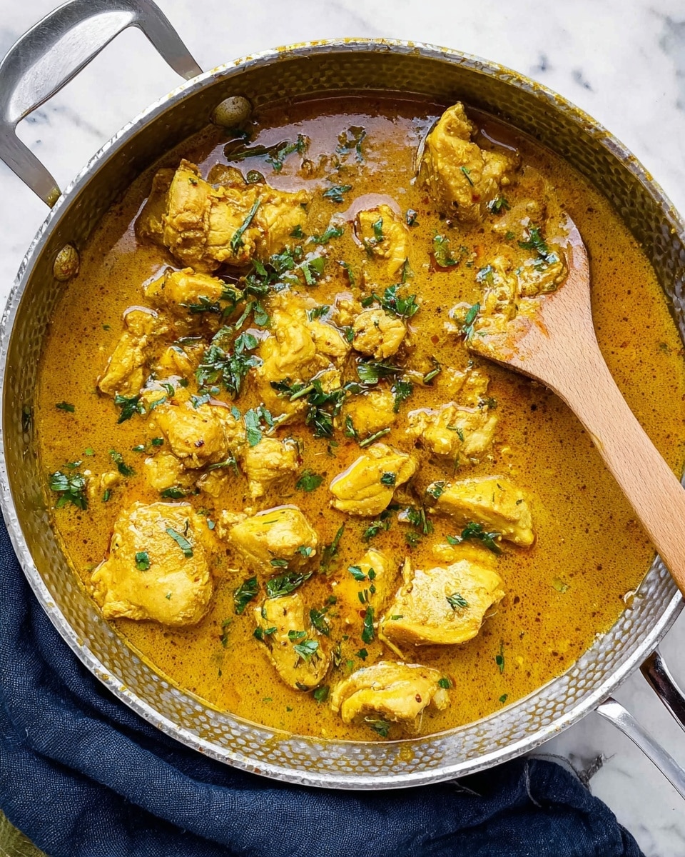 A top view of a pan filled with golden brown chicken pieces in a rich, smooth curry sauce. The sauce has a warm yellow-orange color and a slightly thick texture. Chopped green herbs are scattered on the chicken and sauce, adding fresh green touches. A wooden spoon is partially submerged on the right side, stirring the curry. The pan sits on a white marbled surface with a dark blue cloth nearby. The metal pan has a hexagonal textured inside rim and shiny silver handles. photo taken with an iphone --ar 4:5 --v 7