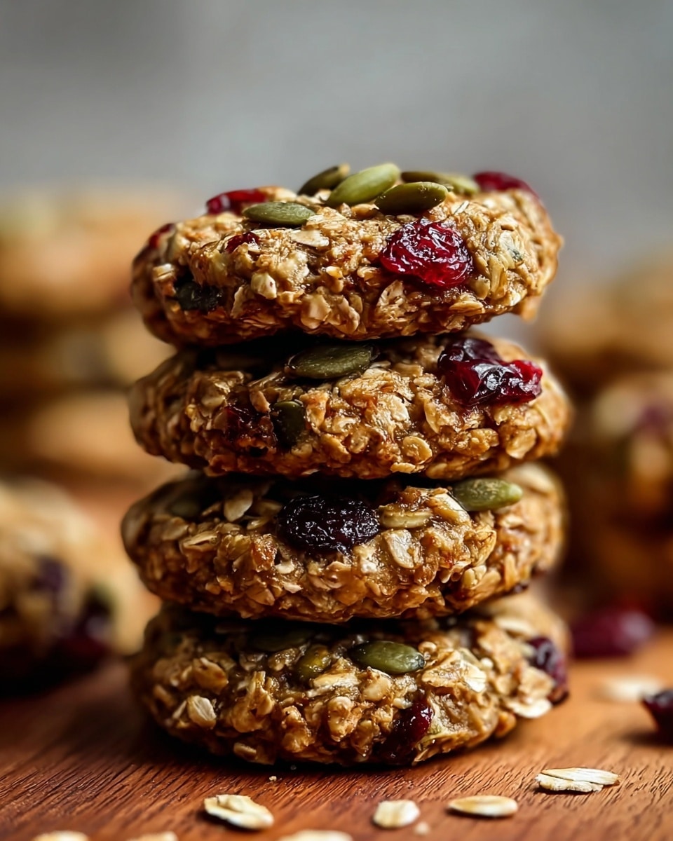 The image shows a close-up of a stack of four round oatmeal cookies on a wooden surface. Each cookie is thick and textured with visible oats and topped with dark red dried cranberries and green pumpkin seeds scattered evenly on the surfaces. The cookies have a golden-brown color with a slightly rough, chunky texture from the oats and seeds. The background is softly blurred with more cookies faintly visible. The photo taken with an iphone --ar 4:5 --v 7