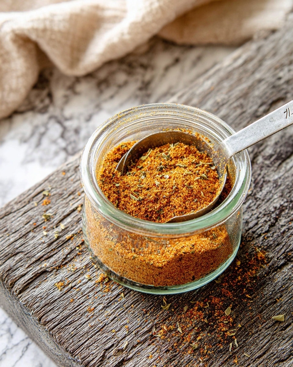 A small pile of mixed spices with orange, yellow, red, and green specks rests on a white marbled surface in front of a silver spoon filled with the same spice mix. Behind this is a clear glass jar filled with the same spice blend, showing the fine texture and vibrant colors inside. The focus is sharp on the spoon and spice pile, while the jar and background are softly blurred. photo taken with an iphone --ar 4:5 --v 7