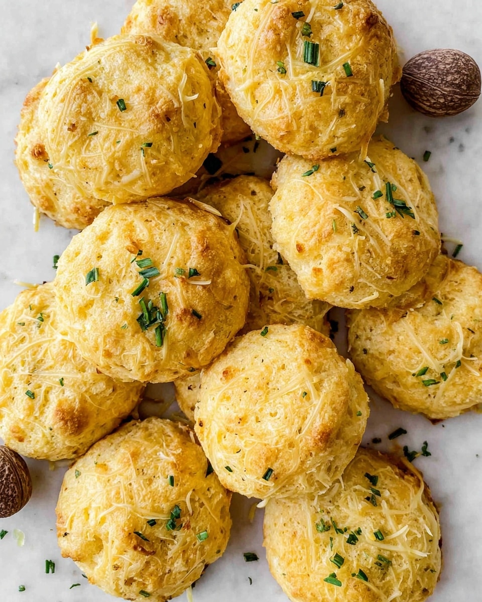 The image shows a pile of round, golden-yellow cheese biscuits with a slightly rough texture, scattered with small bits of green herbs on top. Each biscuit has a light, crispy outer layer, with some strands of shredded cheese visibly melted and baked into the surface. The biscuits rest on a white marbled surface, with a few whole nutmegs placed randomly around them for decoration. The overall look is warm and inviting, with a mix of light brown and pale yellow tones on the biscuits and fresh green specks from the herbs, creating a fresh and rustic feel photo taken with an iphone --ar 4:5 --v 7