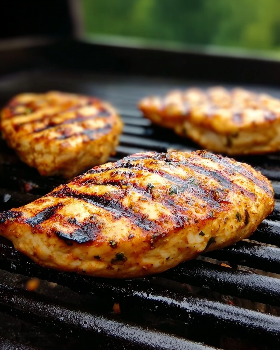 Three pieces of grilled chicken are shown on a black grill with clear dark grill marks. The chicken has a golden brown color with slightly charred black lines across each piece. The background is blurred with a greenish tone. Photo taken with an iphone --ar 4:5 --v 7