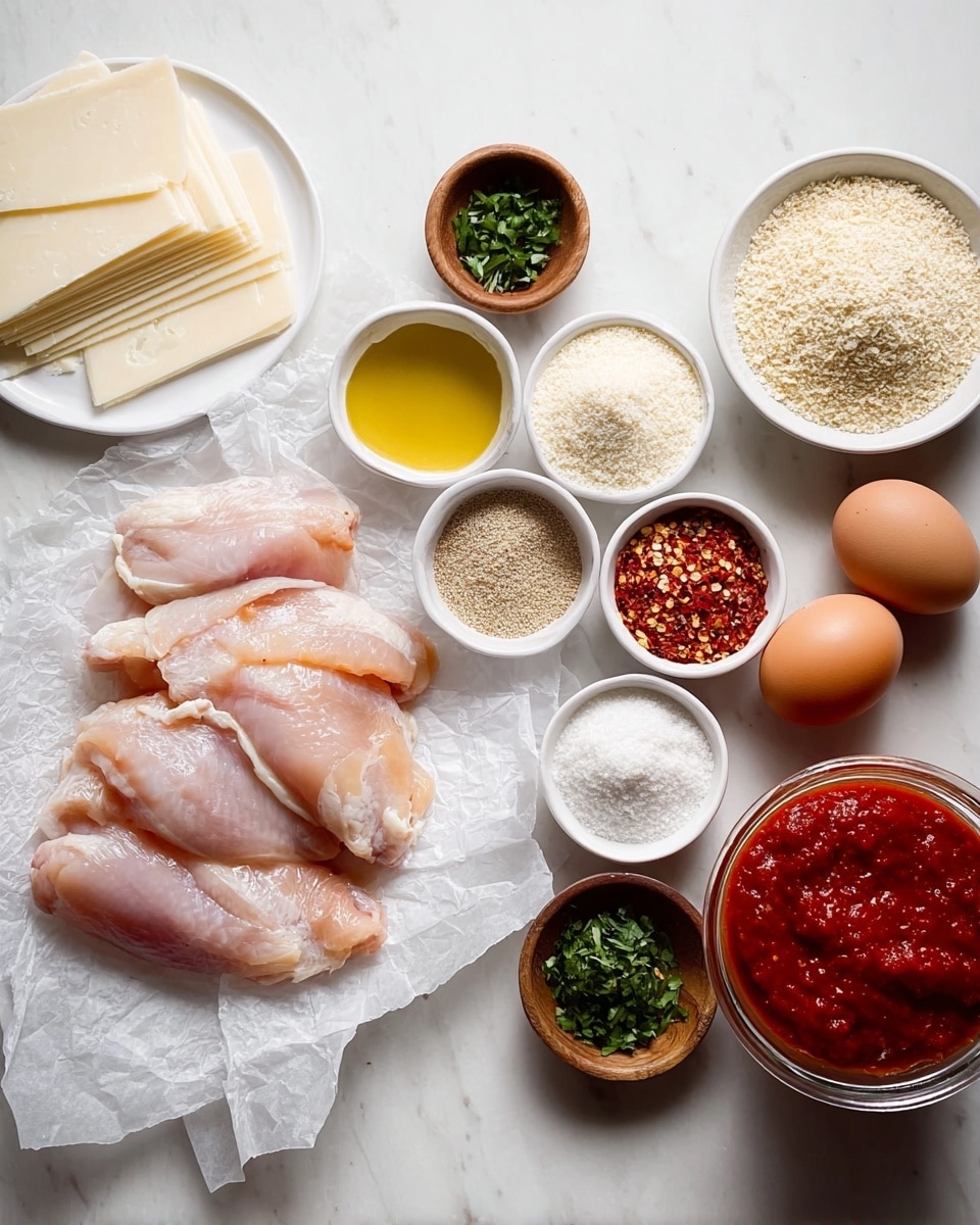The image shows raw chicken pieces placed on white parchment paper slightly crumpled, positioned on a white marbled surface. Around the chicken, there are several small white bowls with different dry and wet ingredients arranged in a neat row: golden olive oil, beige breadcrumbs, white flour, white grated cheese, and light yellow panko. Three brown eggs rest on the surface near a white bowl filled with coarse white and black spices mixed with salt and other seasonings. A small wooden bowl with chopped green herbs and another with red chili flakes are nearby. To the left, thin white slices of cheese are stacked on a white plate. On the far right, there is a jar of red tomato sauce with visible texture inside. The setup is clean and organized with a top-down view, perfect for recipe preparation photo taken with an iphone --ar 4:5 --v 7