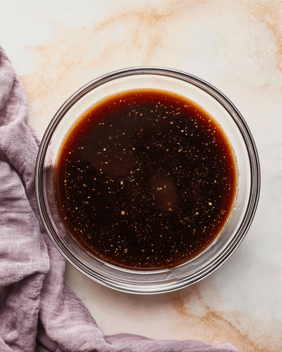 A clear round bowl filled with a dark brown sauce that has small visible specks of seasoning floating throughout. The sauce has a smooth, glossy surface and fills most of the bowl evenly. The bowl is set on a white marbled surface with subtle warm tones. A crumpled light purple cloth is placed near the top left corner of the image. photo taken with an iphone --ar 4:5 --v 7