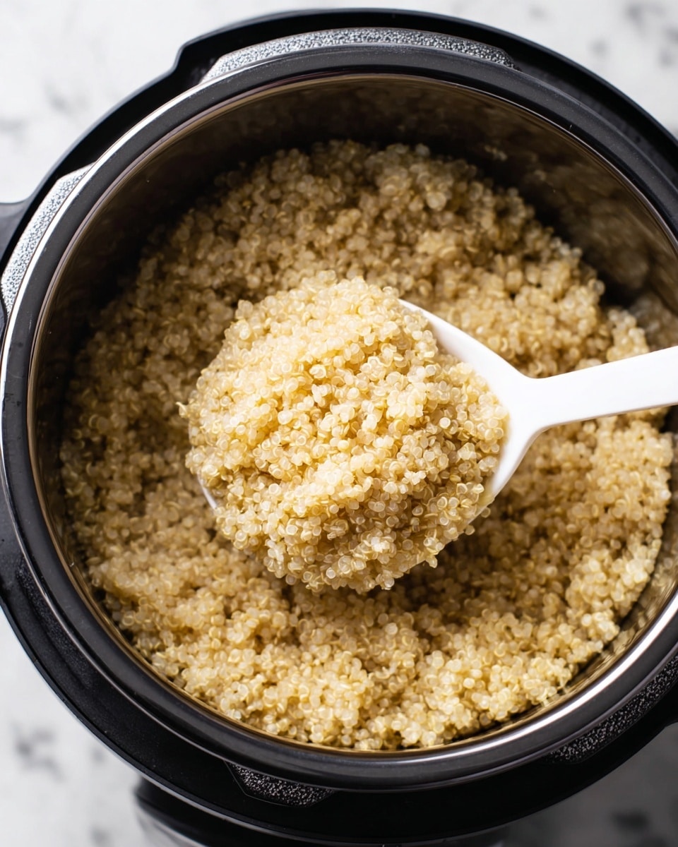 A close-up view of cooked quinoa inside a black electric rice cooker, showing one layer of small, round grains in light beige color. A white plastic spoon scoops up some fluffy quinoa from the center, with the quinoa's fluffy texture and slightly translucent grain edges clearly visible. The black inner pot contrasts with the pale quinoa, and the whole scene is set on a white marbled surface. photo taken with an iphone --ar 4:5 --v 7