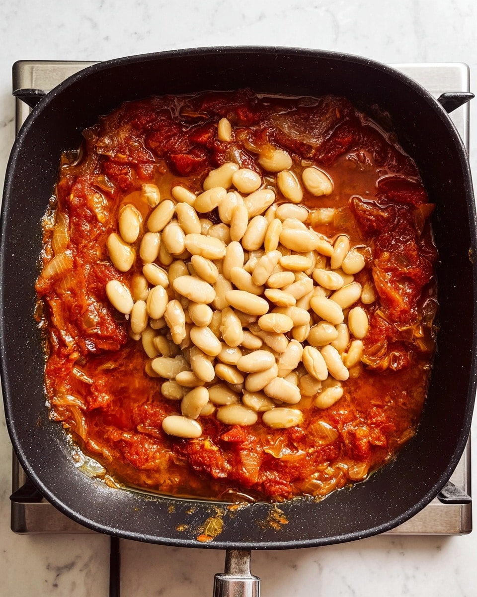 A black square pan sits on a stove over a white marbled surface, filled with a thick, chunky tomato sauce layer that is deep red-orange and contains visible pieces of cooked tomatoes and onions. On top of this tomato base, there is a thick pile of large, light beige beans clustered in the center. The sauce appears juicy with some oil floating around the edges, giving a shiny texture to the whole dish. Photo taken with an iphone --ar 4:5 --v 7