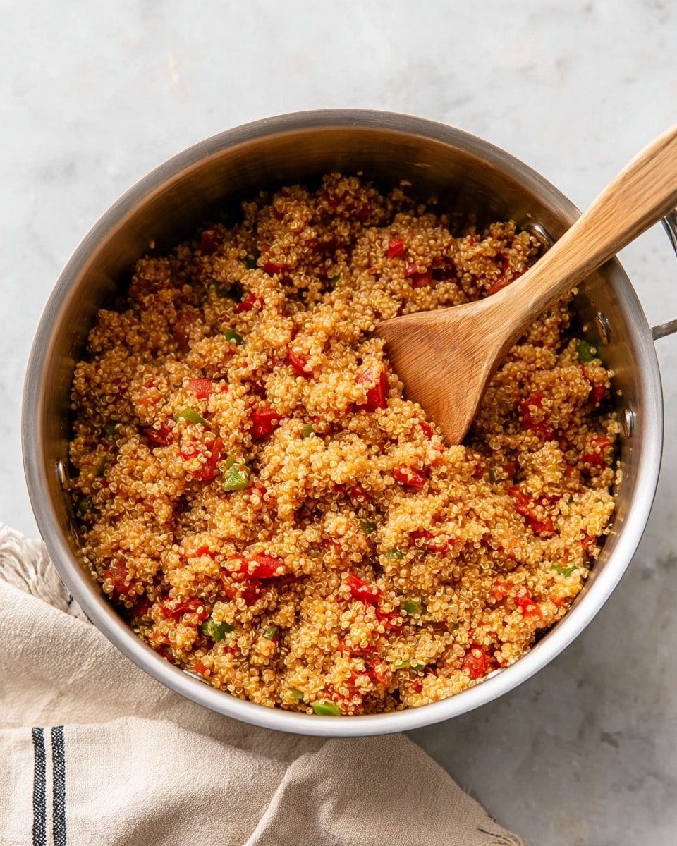 A shiny silver pot filled with cooked quinoa mixed with small pieces of red tomatoes and green peppers, giving the dish a mix of red, green, and light brown colors with a soft, fluffy texture. A wooden spoon with a smooth, light brown texture rests inside the right side of the pot. The pot sits on a white marbled surface, next to a beige cloth with two black stripes near its edge. photo taken with an iphone --ar 4:5 --v 7