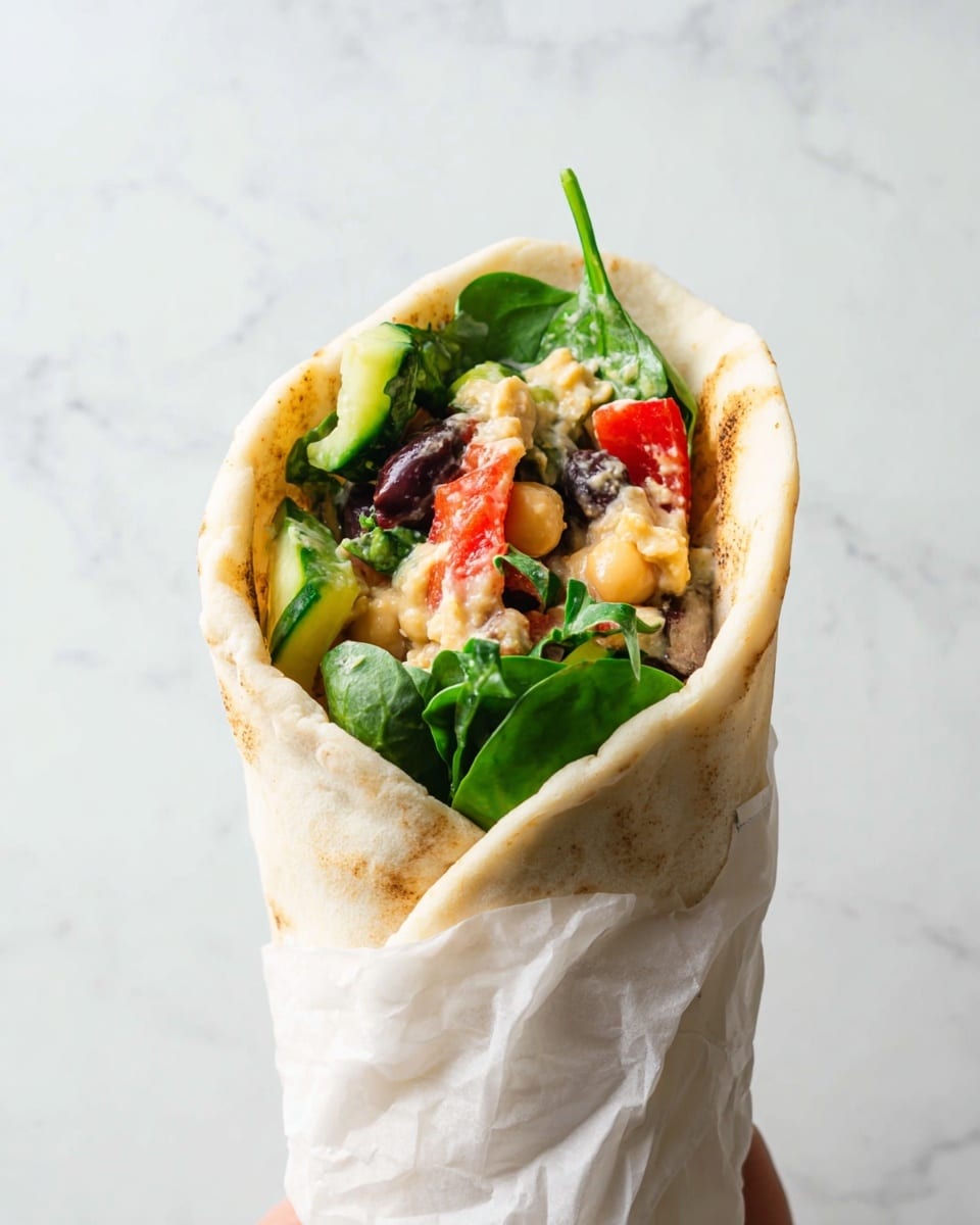 The image shows a pita wrap held by a woman's hand, wrapped partly in white paper. The pita bread is light beige with slight browning and holds several visible layers inside: fresh green spinach leaves at the bottom, chickpeas scattered throughout, diced red tomatoes, sliced black olives, and green cucumber pieces. A creamy beige hummus or spread is mixed with the chickpeas and herbs, making the filling look fresh and colorful. The wrap is placed against a white marbled background. photo taken with an iphone --ar 4:5 --v 7