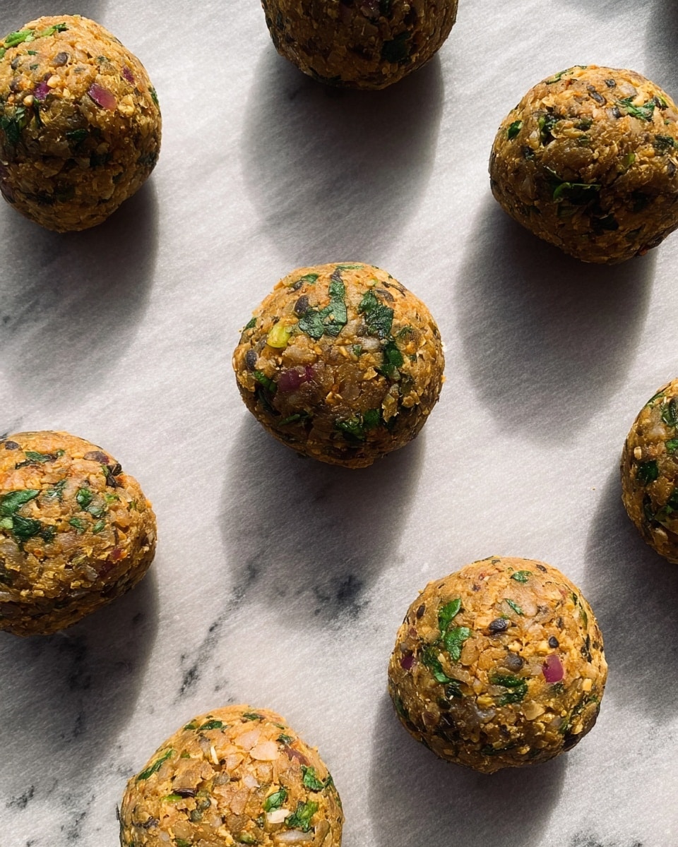 The image shows several round, uncooked falafel balls placed evenly on parchment paper. Each ball has a rough texture with visible small bits of green herbs, dark lentils, and tiny pieces of red onion mixed into the light brown dough. They are spaced apart, casting soft shadows on the parchment paper which lies on a white marbled surface. photo taken with an iphone --ar 4:5 --v 7