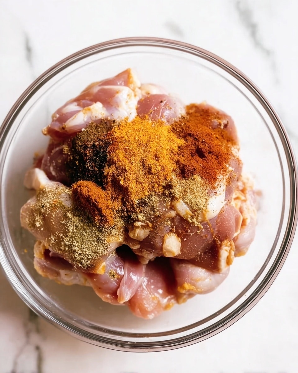 A clear glass bowl is placed on a white marbled surface, filled with pieces of raw chicken that are lightly pink with some white fat. On top of the chicken, there are several layers of spices in different colors and textures, including bright orange powder, dark brown powder, and light tan powder, all unevenly spread across the meat. The chicken pieces are stacked loosely in the bowl, showing the spices dusted over them. photo taken with an iphone --ar 4:5 --v 7