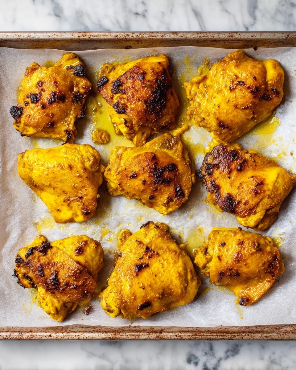 The image shows nine pieces of cooked golden yellow chicken thighs with a slightly crispy and browned texture on top, arranged in three rows on a baking tray lined with white parchment paper. The chicken pieces have a rich turmeric-like color with dark grill or pan marks and some shiny spots of oil or sauce. The tray sits on a white marbled surface, and the photo is taken from above, highlighting the juicy and seasoned look of the chicken thighs. photo taken with an iphone --ar 4:5 --v 7