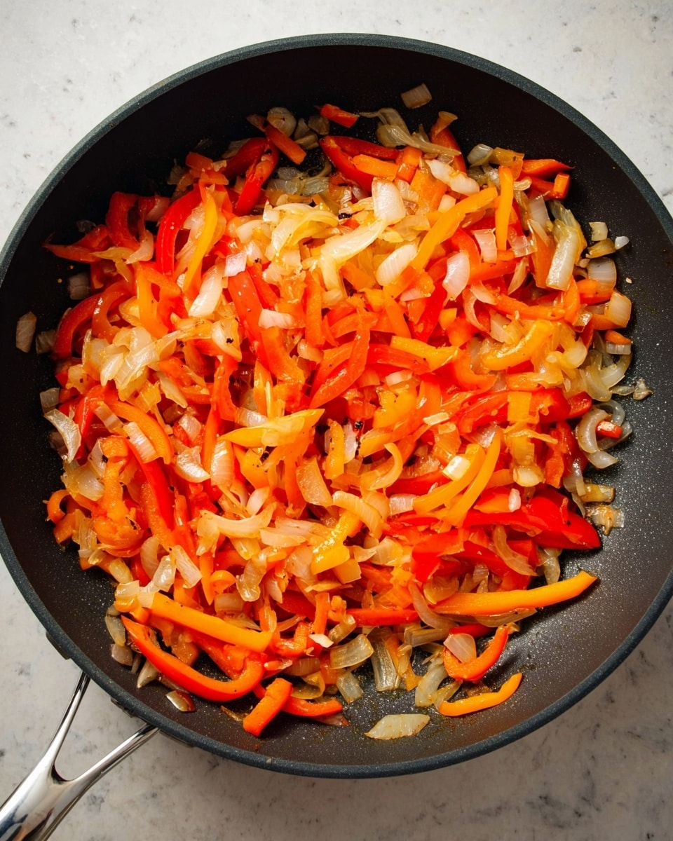 A black pan filled with cooked vegetables sits on a white marbled surface. The vegetables are finely chopped onions scattered throughout the pan, appearing translucent with a slightly soft texture, mixed with thin strips of bright orange-red bell peppers that add vibrant color contrast. The pan has a silver handle visible on the side. The light reflects softly on the vegetables, showing their cooked but fresh state. photo taken with an iphone --ar 4:5 --v 7