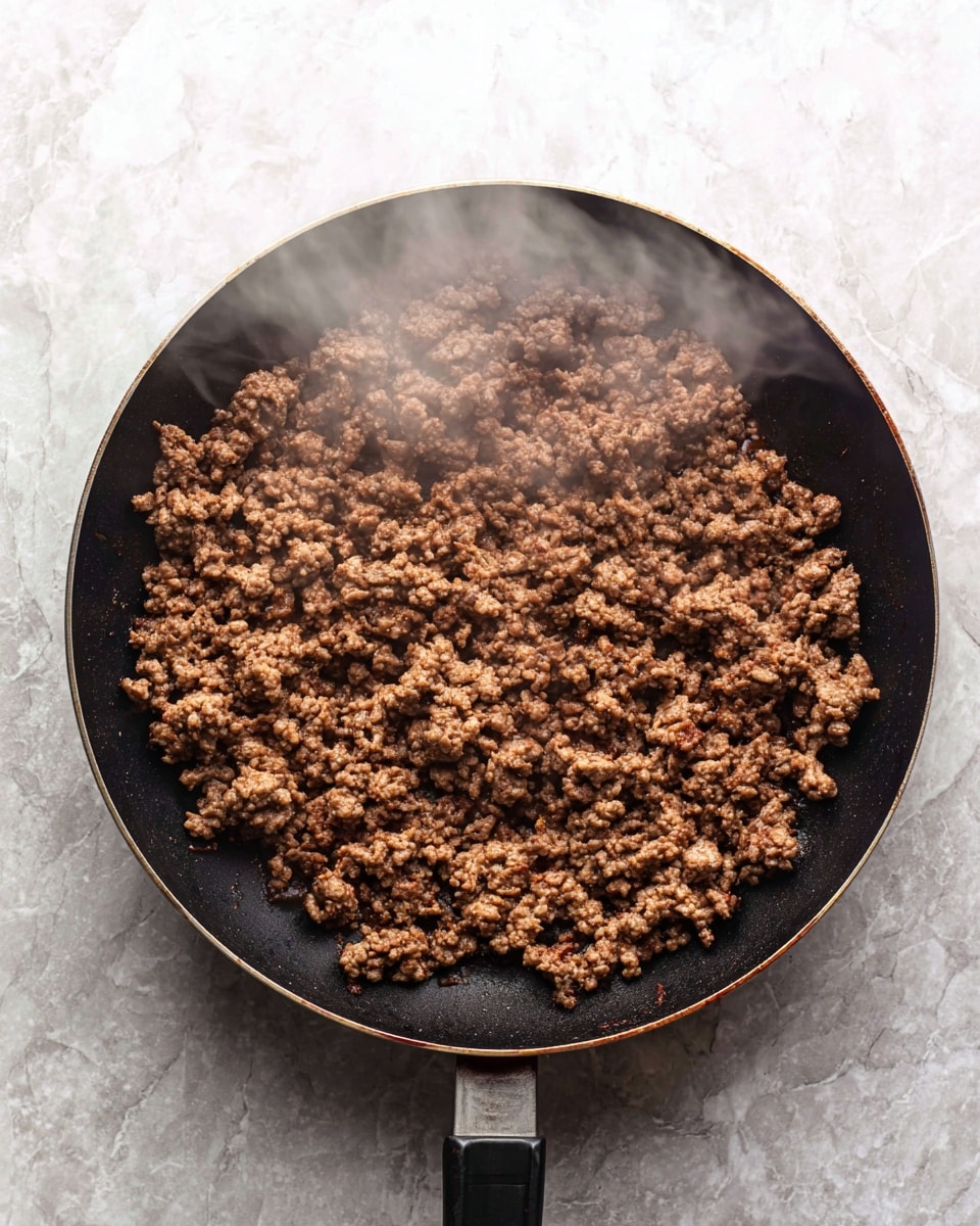 A large black pan filled with cooked ground meat broken into many small pieces, showing a mix of brown and slightly darker brown colors, with steam rising from the hot meat. The pan rests on a white marbled surface, and no other items are visible around it. photo taken with an iphone --ar 4:5 --v 7