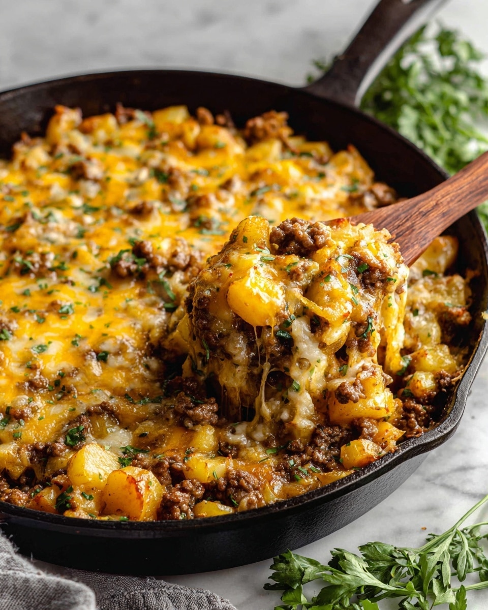 The image shows a close-up of a single-layer dish served on a white plate, placed on a white marbled surface. The dish is a mix of small, golden-yellow potato pieces with browned edges, chunks of browned cooked ground meat, and melted yellow-orange cheese melted over some parts, adding a creamy texture. There are some small bits of cooked onion and green parsley sprinkled on top for a fresh color contrast. A silver fork is partially visible under the food, with a woman's hand holding the fork from below. The overall look is warm with a mix of soft and crispy textures, giving a home-cooked, hearty feeling. photo taken with an iphone --ar 4:5 --v 7