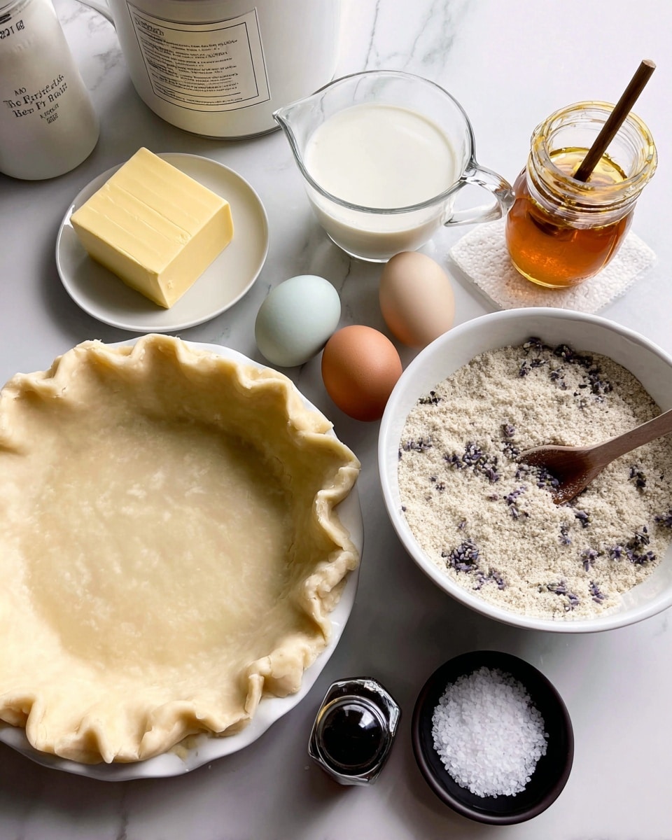 A white pie crust with a light, flaky texture sits in a pie dish at the bottom left, ready to be filled. To the left, a white small plate holds a yellow stick of butter and three eggs in different shades: light beige, brown, and pale green. At the top center, a clear glass measuring cup contains white milk. Below it, a white bowl is filled with a sandy-looking granular mix speckled with purple and dark bits. To the right, a jar of golden honey with a gold lid has a wooden spoon resting on top. Below the honey jar, a small dark bottle with a black lid stands next to a small black bowl filled with coarse white salt. The scene is set on a white marbled surface with white kitchen items in the background. Photo taken with an iphone --ar 4:5 --v 7
