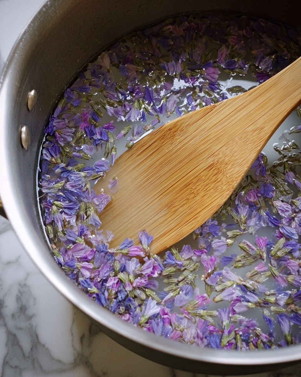 The image shows a close-up of a large silver pot filled with clear water and small purple and greenish flower petals floating on the surface. A light brown wooden spatula rests inside the pot, partially stirring the petals in the water. The background surface is changed to a white marbled texture. Photo taken with an iphone --ar 4:5 --v 7