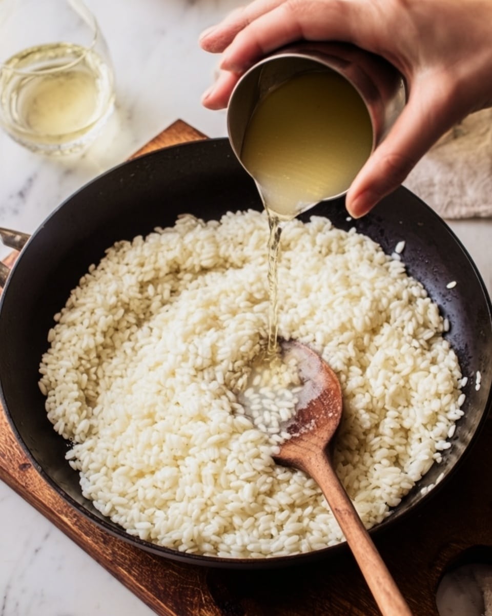 The image shows a black skillet filled with creamy white risotto rice grains cooked evenly, covering the entire bottom layer. A woman's hand is pouring a stream of light yellow broth from a small metallic cup onto the rice, slightly pooling in the center where a wooden spoon rests partially submerged, ready to stir. The background features a wooden board and glass of light-colored liquid, all placed on a white marbled surface. photo taken with an iphone --ar 4:5 --v 7