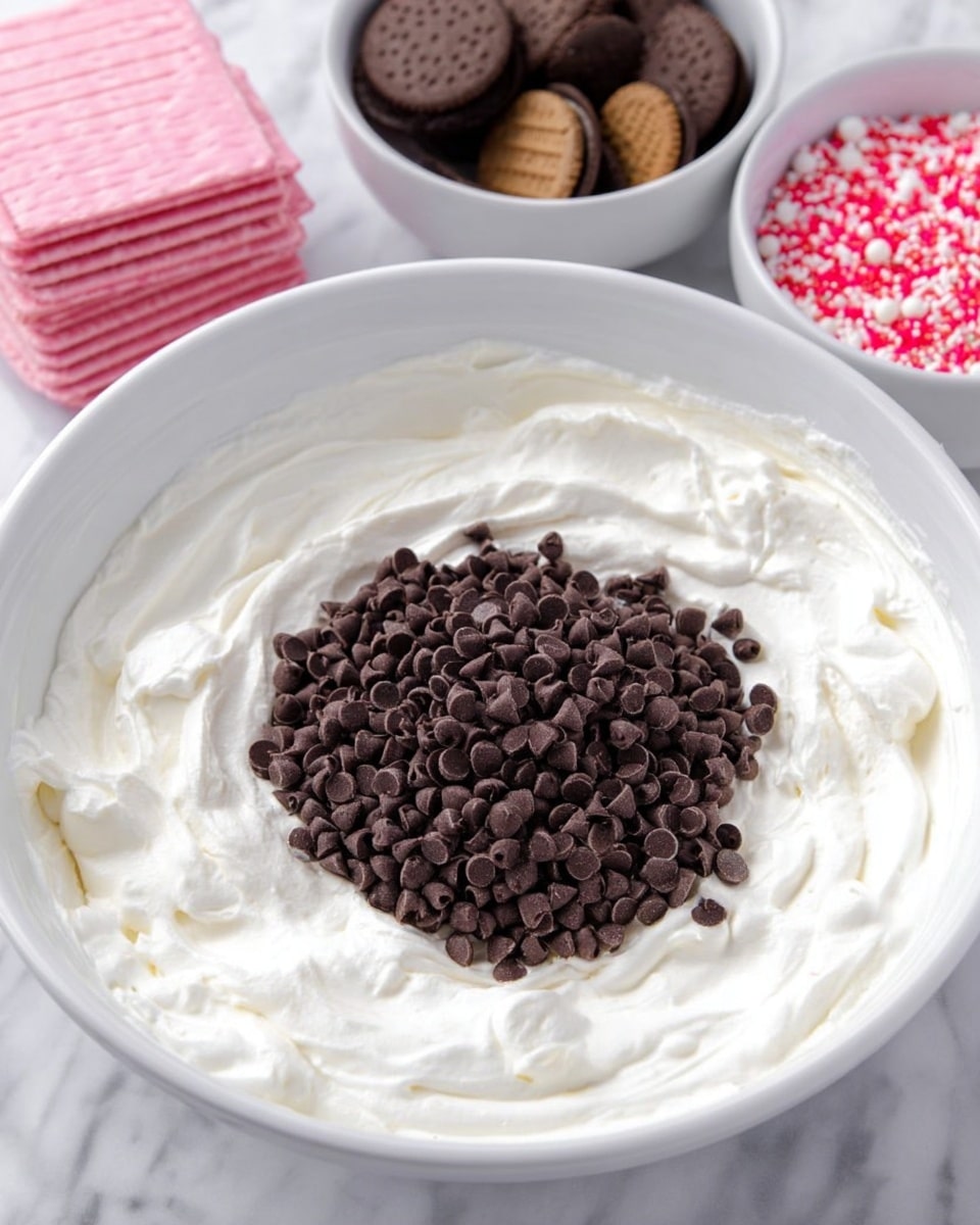 A large white bowl filled with a thick layer of smooth white whipped cream, with a mound of small dark brown chocolate chips piled in the center on top of the cream. In the background, there are three smaller white bowls on a white marbled surface: one bowl contains stacked pink rectangular wafer cookies, another bowl holds a pile of round dark brown cookies with small light chips, and the last bowl is filled with pink, white, and red sprinkles. The scene is bright and clean. photo taken with an iphone --ar 4:5 --v 7