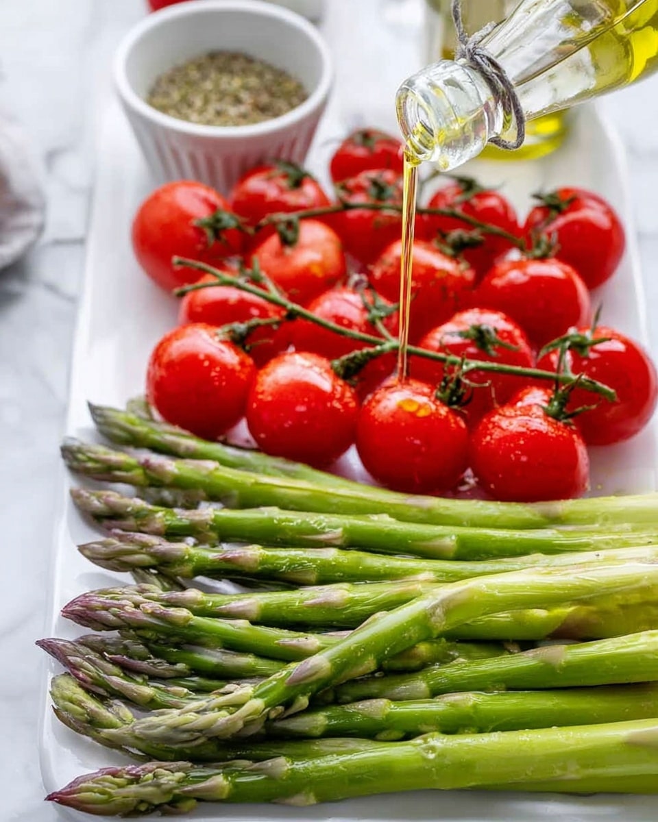 A white tray holds fresh green asparagus stalks neatly placed in the bottom half, showing light purple tips and smooth green skin. Above the asparagus, bright red cherry tomatoes on the vine are grouped together, with some round and others slightly oval, glistening with some oil being poured from a clear glass bottle held by a woman's hand entering from the top right. In the background, a small white bowl contains a mix of herbs and spices. All is set against a white marbled surface. photo taken with an iphone --ar 4:5 --v 7