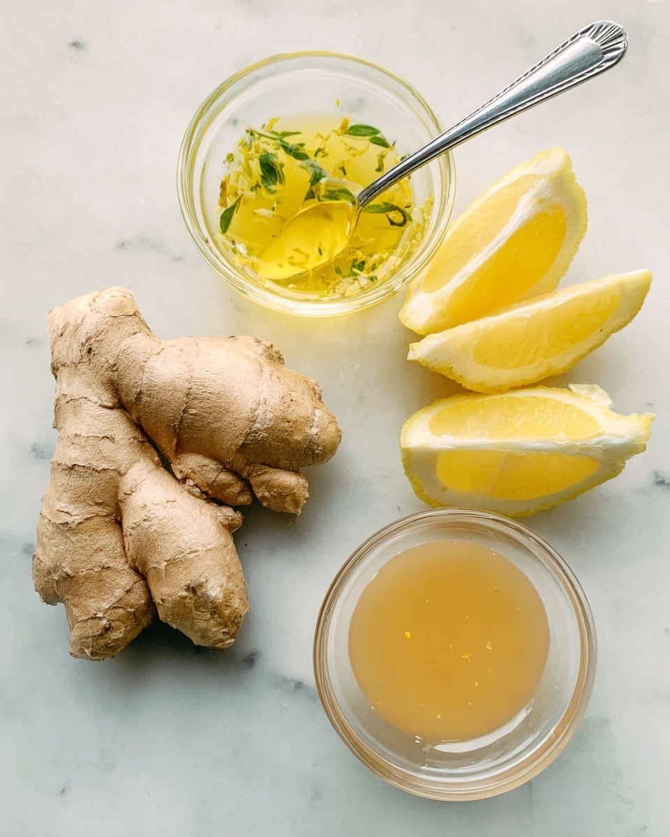 The image shows fresh ginger root on the left side, its light brown skin rough and textured. Next to it are three lemon wedges with a bright yellow rind and pale yellow inside, arranged in a row. Above the lemons is a small clear glass bowl containing a yellow liquid with small green herbs mixed in and a spoon resting inside it. To the right of that is another small clear glass bowl filled with a smooth, light amber liquid. The items are placed on a white marbled surface. Photo taken with an iphone --ar 4:5 --v 7