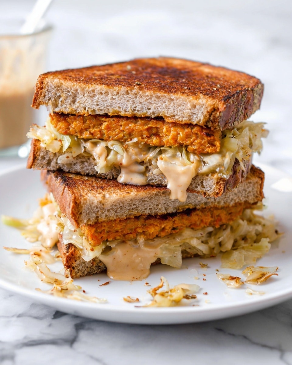 This image shows a sandwich cut in half and stacked with two layers. The base and top layers are toasted, golden brown bread with a slightly rough texture. The middle layer has a thick, orange-colored patty with visible spices and a crisp edge. Above the patty is a layer of cooked cabbage or sauerkraut, light yellow and soft, covered with a creamy, light brown sauce that looks smooth and slightly runny, dripping down the sides. The sandwich sits on a white plate with a few small bits of sauce and cabbage scattered around, all on a white marbled surface. A small glass with more sauce is blurred in the background. photo taken with an iphone --ar 4:5 --v 7