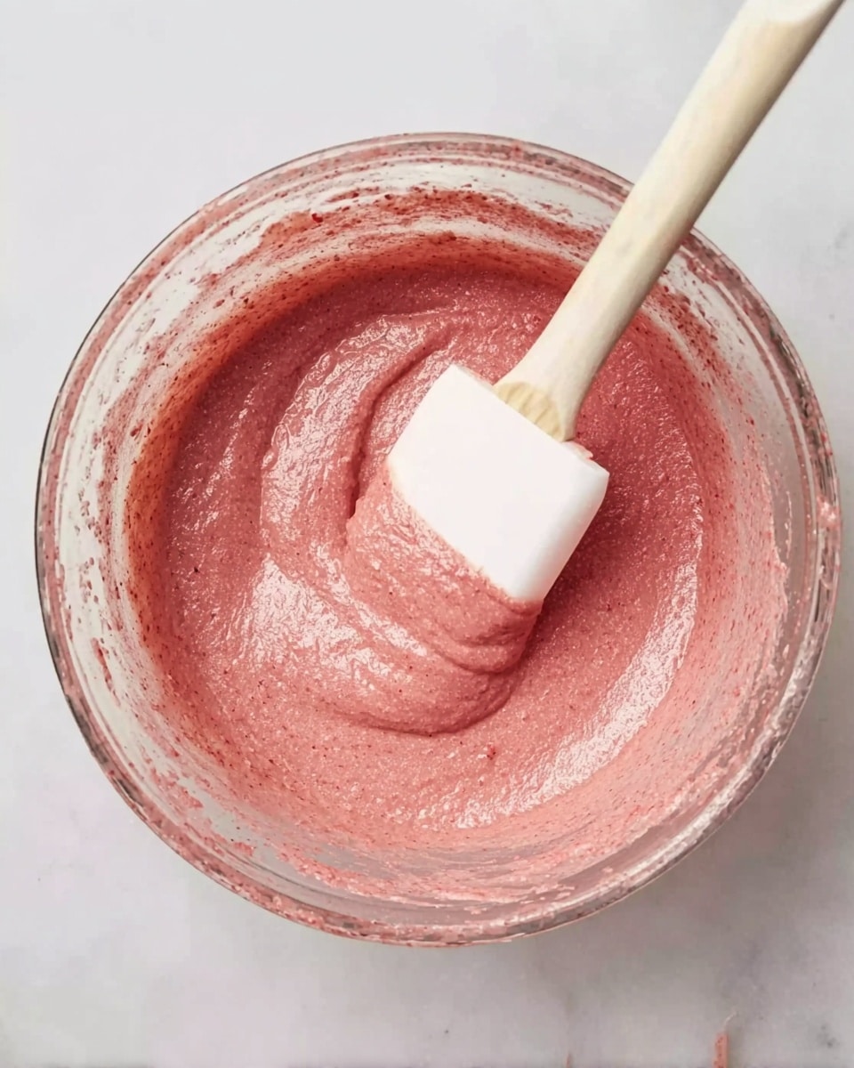 The image shows a clear glass bowl filled with a smooth, pinkish-red batter that has a slightly thick texture. A white spatula with a wooden handle is resting inside the bowl, coated with the same pink batter. The bowl sits on a white marbled surface, with some small splashes of batter around the edges inside the bowl. The lighting is natural and soft, focusing on the texture and color of the batter. photo taken with an iphone --ar 4:5 --v 7