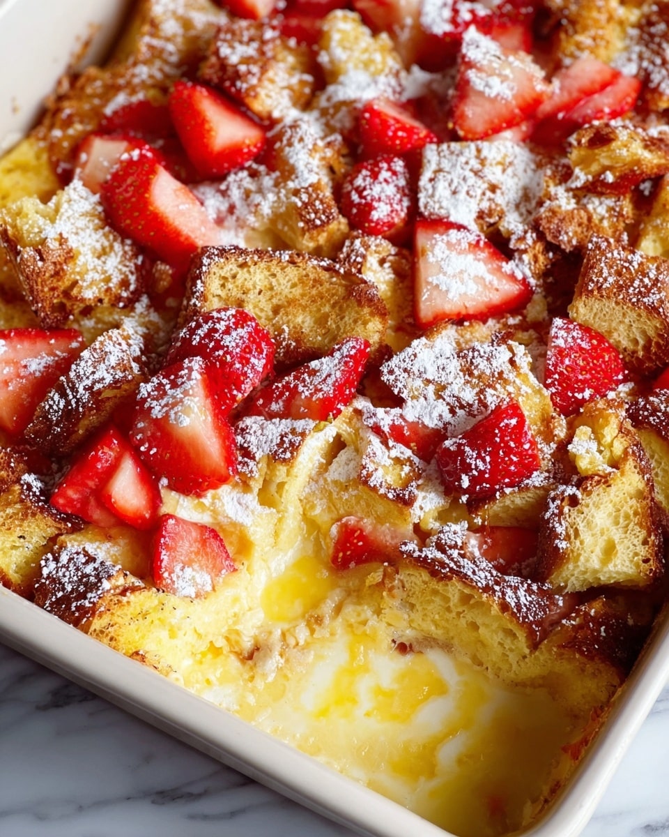 The image shows a close-up of a baked dish with three main layers. The bottom layer appears soft with a pale yellow color, likely custard or egg mixture. The middle layer consists of golden-brown toasted bread cubes, scattered unevenly, some slightly crisped on the edges. The top layer is decorated with fresh red strawberry pieces, adding bright red tones and juicy texture. A fine dusting of white powdered sugar is sprinkled over the entire dish, giving a light, snowy effect. The dish is in a white baking pan placed on a white marbled surface. Photo taken with an iphone --ar 4:5 --v 7