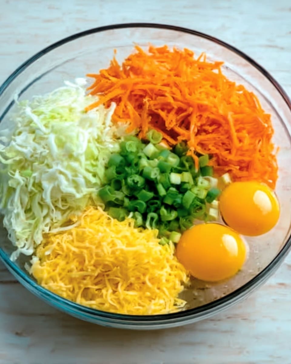 A clear glass bowl sits on a white marbled surface, filled with five different ingredients arranged in separate sections: shredded white cabbage on the top left, shredded bright orange carrots on the top right, chopped green onions in the center, shredded yellow cheese on the bottom right, and two whole raw egg yolks on the bottom left. The ingredients are neatly placed side by side without mixing. Photo taken with an iphone --ar 4:5 --v 7