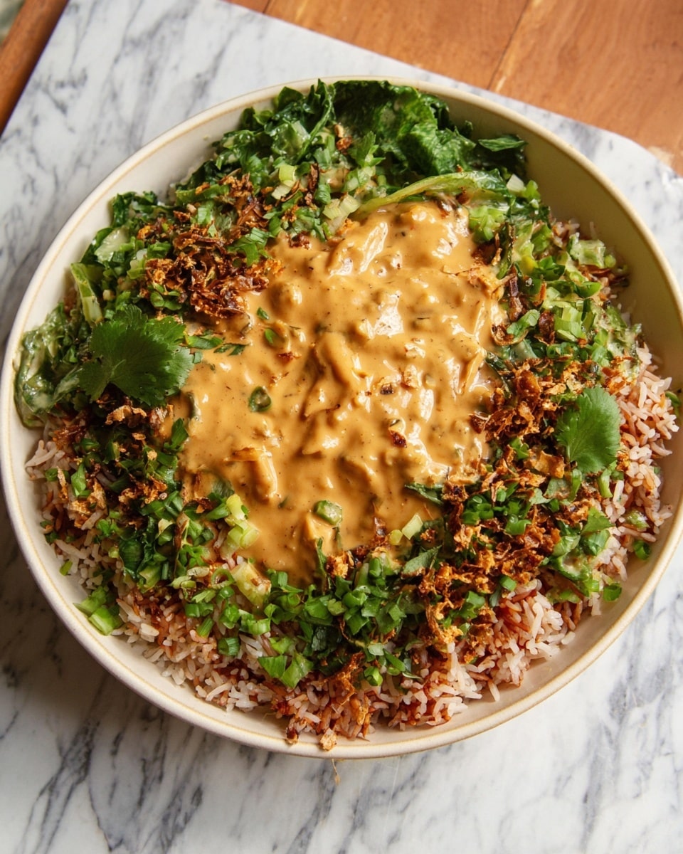 A round white bowl holds a colorful layered dish. The bottom layer is fluffy, mixed red and white rice spread evenly across the bowl. On top of the rice is a thick creamy light brown sauce, which covers most of the rice in the center. Around the edges, there are fresh green leaves and chopped herbs, adding bright green color and fresh texture. The dish sits on a white marbled surface, with soft natural lighting showing the vivid colors clearly. Photo taken with an iphone --ar 4:5 --v 7