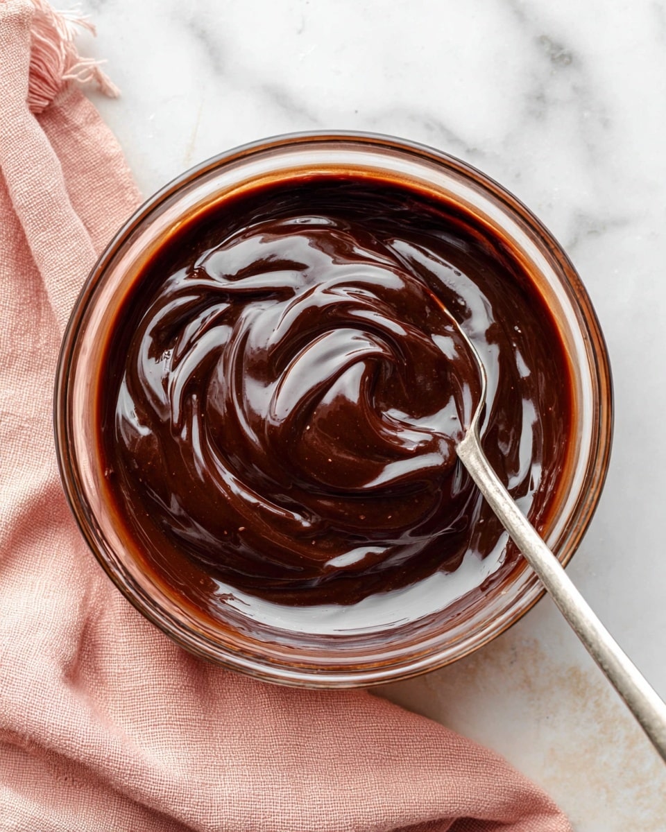 A clear glass bowl filled with a thick, shiny dark chocolate sauce, swirled smoothly inside with visible glossy reflections. A silver spoon is partially dipped into the sauce on the right side of the bowl. The bowl sits on a white marbled surface, next to a soft pink cloth on the lower left side. The sauce has a rich, deep brown color with creamy textures swirled around. photo taken with an iphone --ar 4:5 --v 7