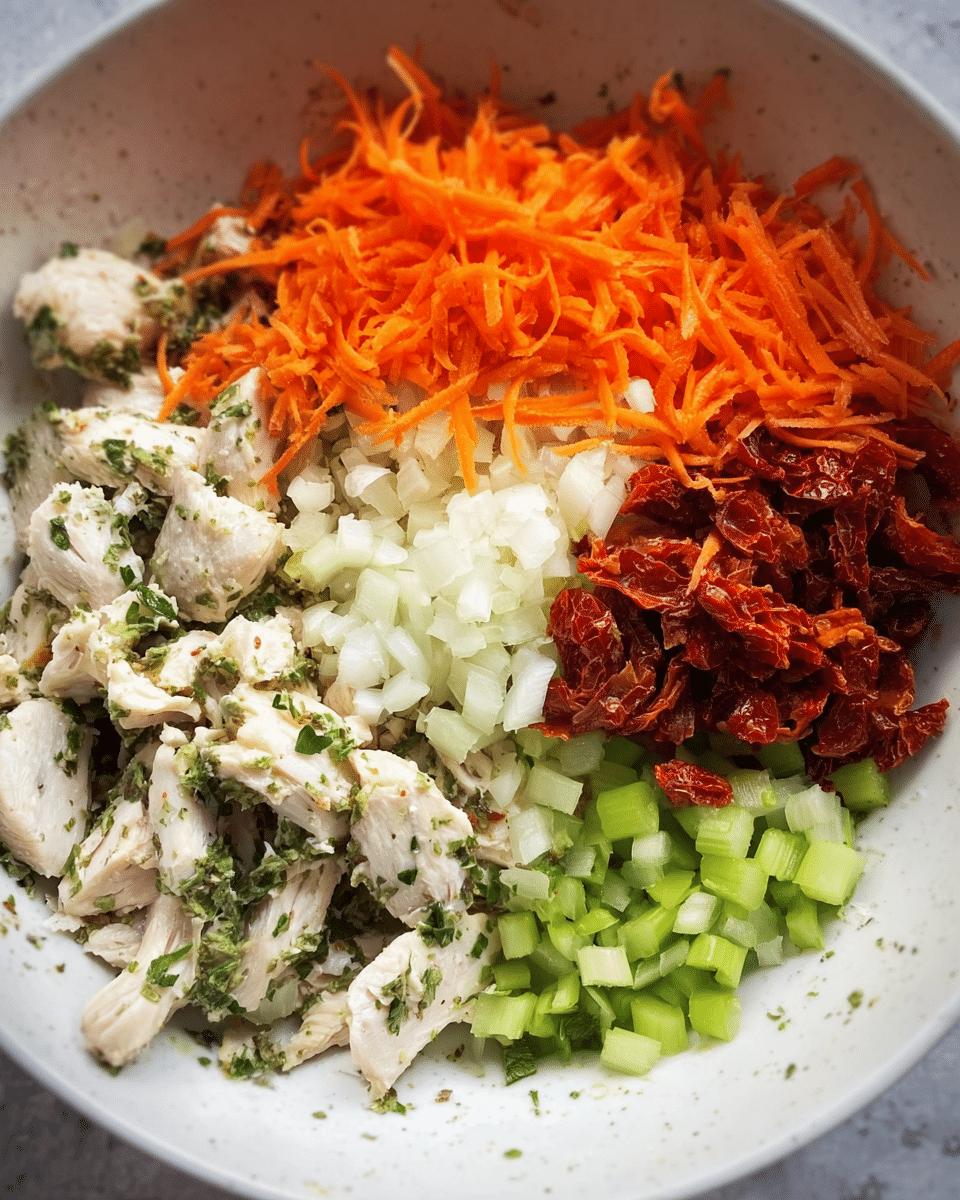 A white bowl filled with small pieces of white chicken seasoned with green herbs at the base. On top are four separate piles: bright orange shredded carrots at the top center, finely chopped white onions in the middle, dark red sun-dried tomatoes to the right, and light green celery pieces at the bottom. The ingredients are distinct and fresh, placed against a white marbled background. photo taken with an iphone --ar 4:5 --v 7