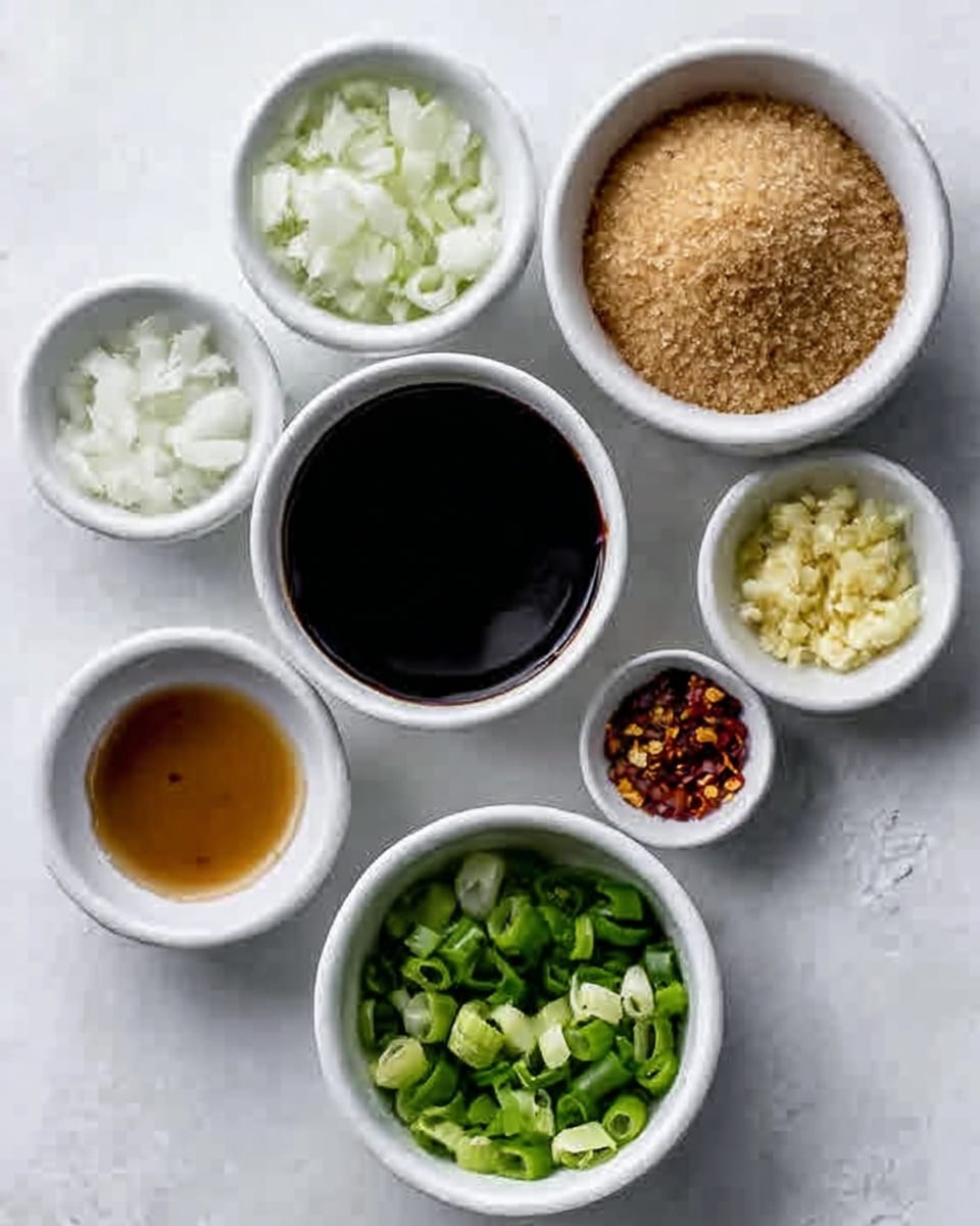 Seven small white bowls are placed on a white marbled surface. The top-left bowl holds finely chopped white onions, next to it is a bowl filled with light brown sugar with a rough texture. Below these, there is a bowl filled with dark soy sauce, glossy and smooth. To the right of the soy sauce is a bowl of finely minced garlic with a pale yellow color. Below the soy sauce is a bowl with a small amount of light brown liquid, likely honey or syrup. Next to it is a small bowl holding red chili flakes with a mix of red and yellow colors. Lastly, at the bottom of the image is a bowl filled with chopped green onions, showing layers of light and dark green rings. All bowls are neatly arranged and the lighting is soft and natural. photo taken with an iphone --ar 4:5 --v 7