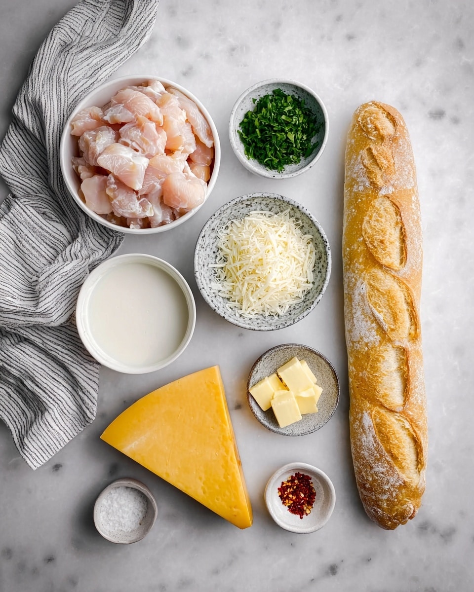 The image shows a collection of cooking ingredients neatly arranged on a white marbled surface. On the left side, a white bowl holds pale pink, raw diced chicken pieces with a soft texture. Below it, a small white bowl contains finely chopped green herbs. Next to this, a white bowl is filled with fluffy white shredded cheese. Below the herbs, another small bowl has creamy white liquid, likely cream or milk. Near the center, a small gray patterned bowl holds finely grated yellow garlic. A white bowl below this contains two rectangular slices of pale yellow butter. At the bottom left, a large wedge of hard, yellow cheese with a smooth surface leans diagonally. On the lower right, a long white crusty baguette with a rough textured surface and three slashes sits next to two tiny bowls holding fine white powder and red chili flakes. A gray and white striped cloth is draped casually in the top left corner. The photo taken with an iphone --ar 4:5 --v 7
