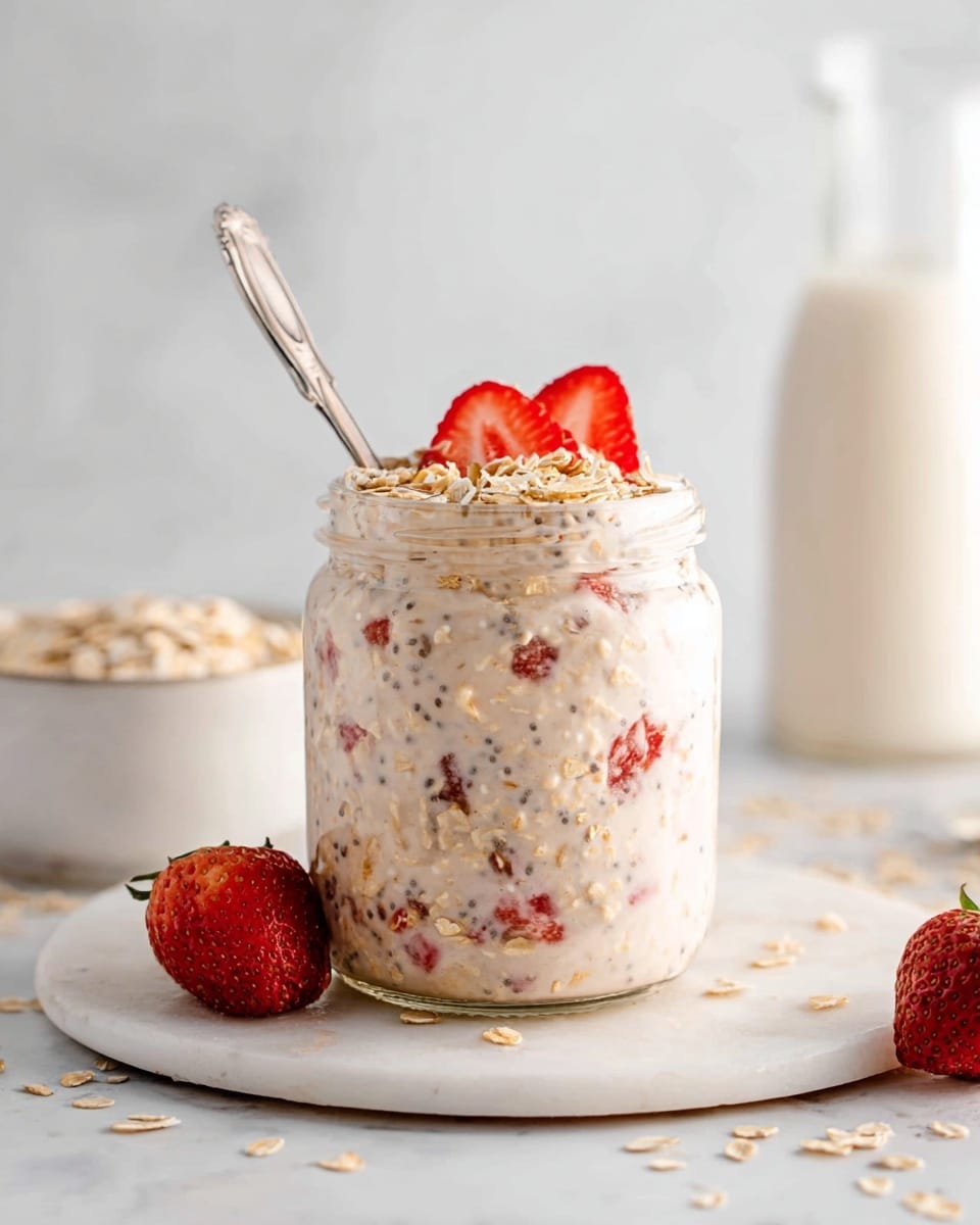 A clear glass jar filled with creamy oatmeal mixed with chia seeds and pieces of red strawberries throughout. The oatmeal has a light beige color with specks of black chia seeds and bright red strawberry chunks inside. On top, there is a sprinkle of light brown granola and two fresh strawberry slices placed near the metal spoon standing in the jar. The jar sits on a round white marble board with scattered oats around it. In the background, there is a tall glass bottle of milk and a small white bowl filled with oats, all set on a white marbled surface. photo taken with an iphone --ar 4:5 --v 7