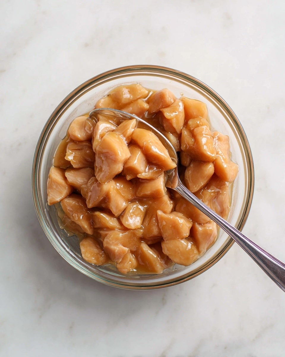 A clear glass bowl filled with small, shiny, light brown pieces of raw chicken sitting on a spoon inside the bowl, placed on a white marbled surface. The chicken pieces are uneven in size, glossy and wet, covering the bowl evenly. The spoon is silver and positioned at an angle with its handle resting on the edge of the bowl. Photo taken with an iphone --ar 4:5 --v 7