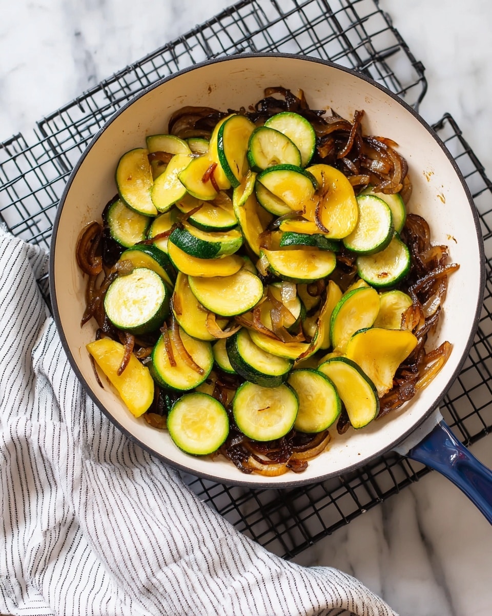A white pan holds cooked thick slices of dark caramelized onions as the bottom layer, topped with freshly added slices of green zucchini and yellow squash, all cut into half-moon shapes. The green and yellow vegetables rest lightly over the shiny, soft onions, showing a mix of bright green, pale yellow, and deep amber colors. The pan is placed on a black cooling rack sitting on a white marbled surface, with a white and gray striped cloth casually draped nearby. Photo taken with an iphone --ar 4:5 --v 7