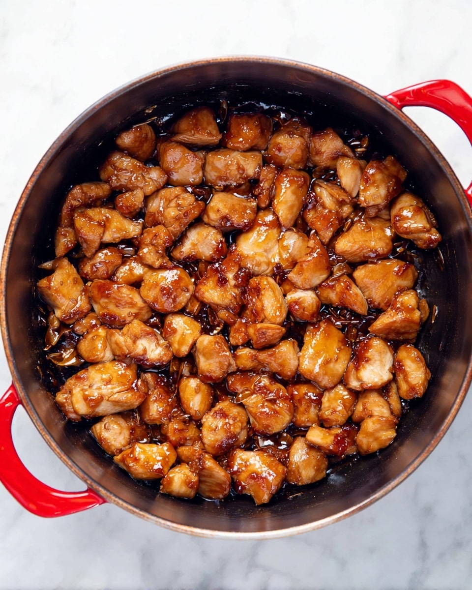 A top view of a single layer of cooked chicken pieces in a dark pot with red handles, each piece is glossy and golden brown, showing a slightly sticky texture with some darker caramelized spots; the pot rests on a white marbled surface photo taken with an iphone --ar 4:5 --v 7