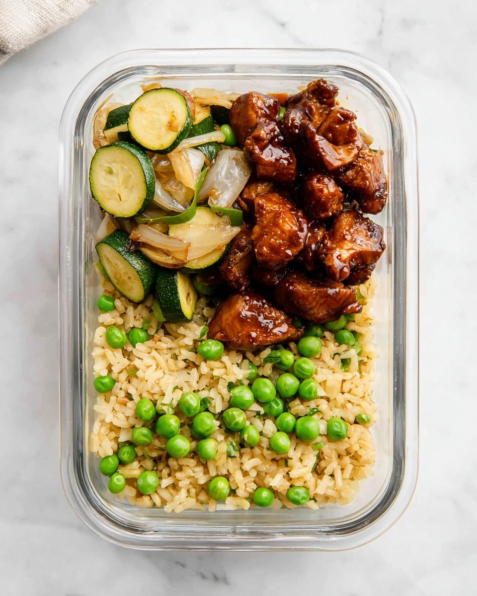 A white rectangular glass container holds a meal divided into two clear layers. The bottom layer is golden fried rice mixed with bright green peas spread evenly across the surface. The top layer contains dark brown glazed chicken pieces with a glossy texture, accompanied by sautéed vegetables on the side including light translucent onion slices and green zucchini pieces with darker green skin, all resting neatly above the rice. The container sits on a white marbled surface with soft, natural lighting. photo taken with an iphone --ar 4:5 --v 7